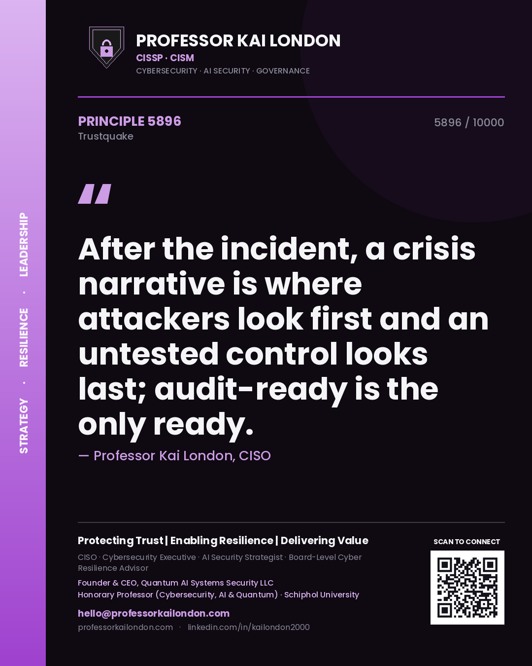 Professor Kai London principle 5896: After the incident, a crisis narrative is where attackers look first and an untested control looks last; audit-ready is the only ready.