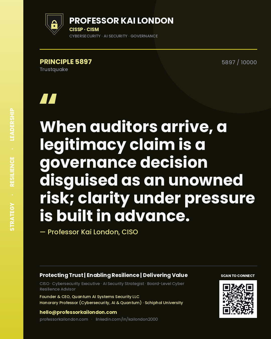 Professor Kai London principle 5897: When auditors arrive, a legitimacy claim is a governance decision disguised as an unowned risk; clarity under pressure is built in advance.