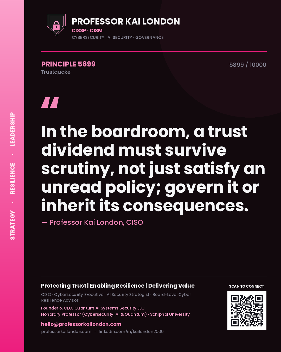 Quote card by Professor Kai London reading 'In the boardroom, a trust dividend must survive scrutiny, not just satisfy an unread policy; govern it or inherit its consequences.'. From the book Trustquake.