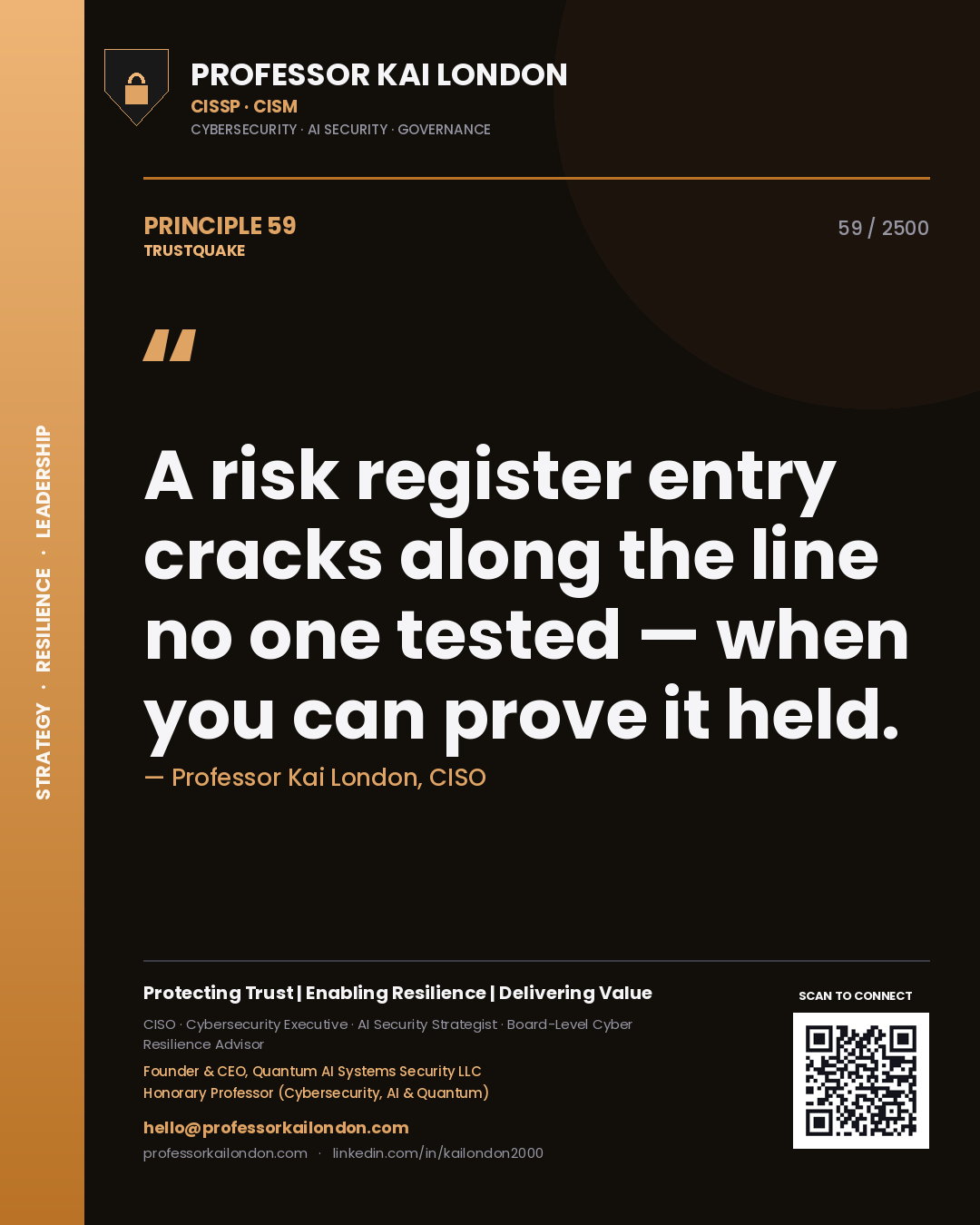 Quote card by Professor Kai London reading 'A risk register entry cracks along the line no one tested — when you can prove it held.'. From the book Trustquake.