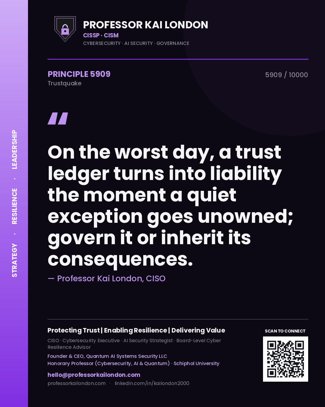 Quote card by Professor Kai London reading 'On the worst day, a trust ledger turns into liability the moment a quiet exception goes unowned; govern it or inherit its consequences.'. From the book Trustquake.