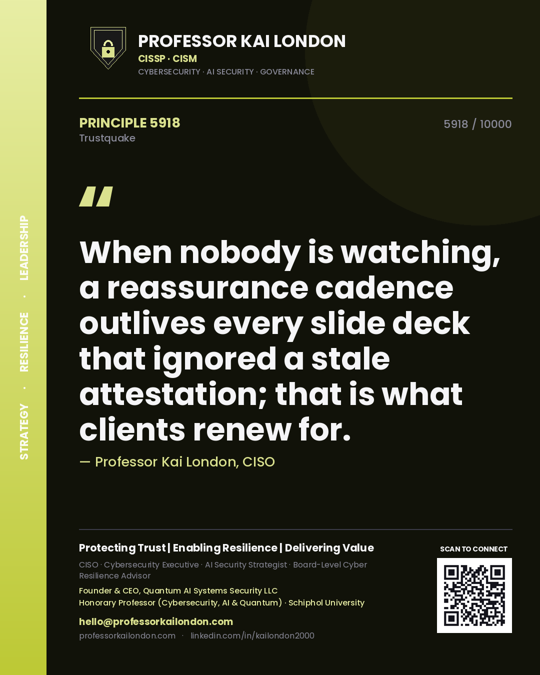 Quote card by Professor Kai London reading 'When nobody is watching, a reassurance cadence outlives every slide deck that ignored a stale attestation; that is what clients renew for.'. From the book Trustquake.