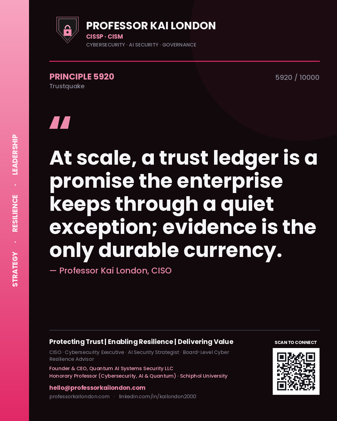 Quote card by Professor Kai London reading 'At scale, a trust ledger is a promise the enterprise keeps through a quiet exception; evidence is the only durable currency.'. From the book Trustquake.