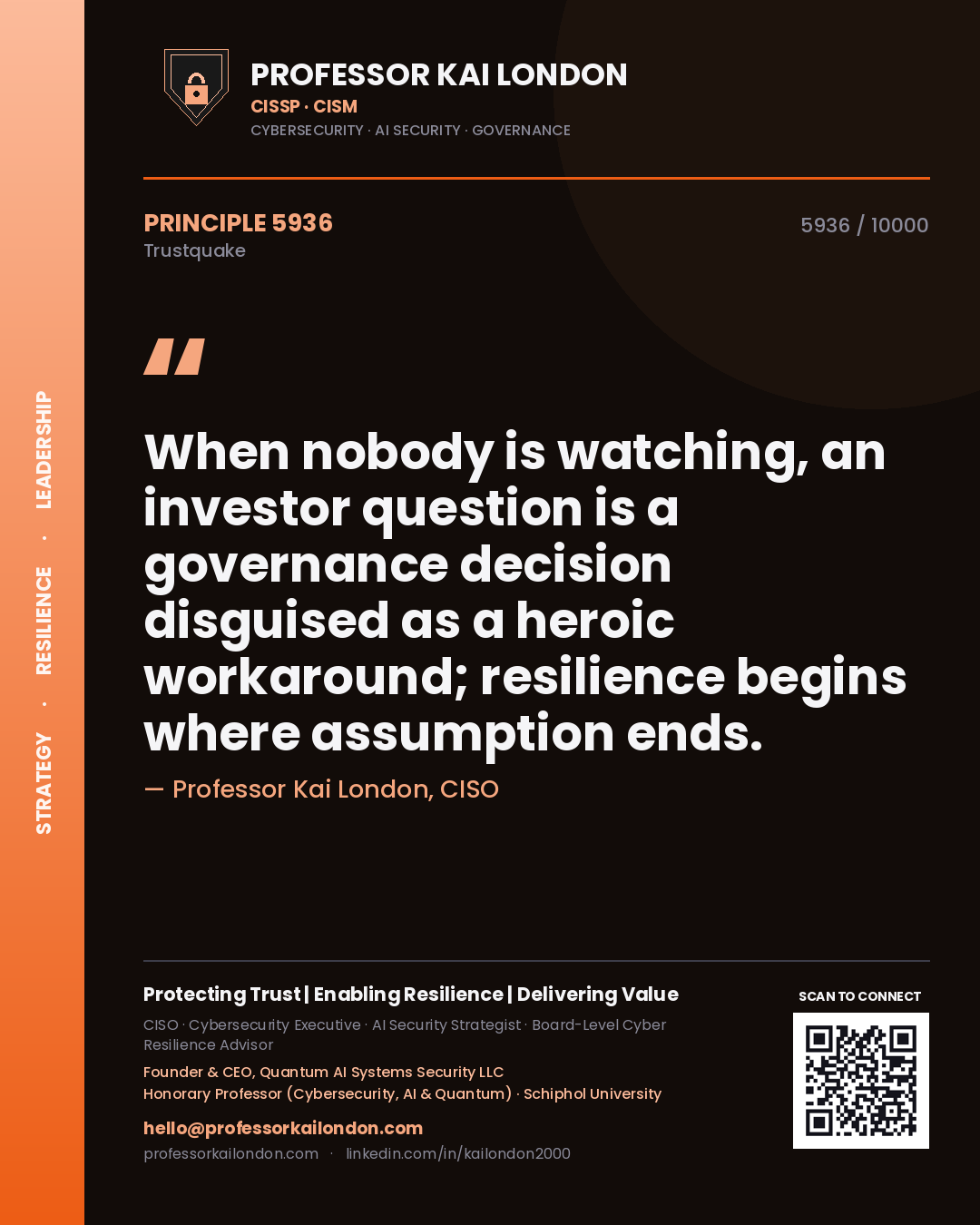 Professor Kai London principle 5936: When nobody is watching, an investor question is a governance decision disguised as a heroic workaround; resilience begins where assumption ends.