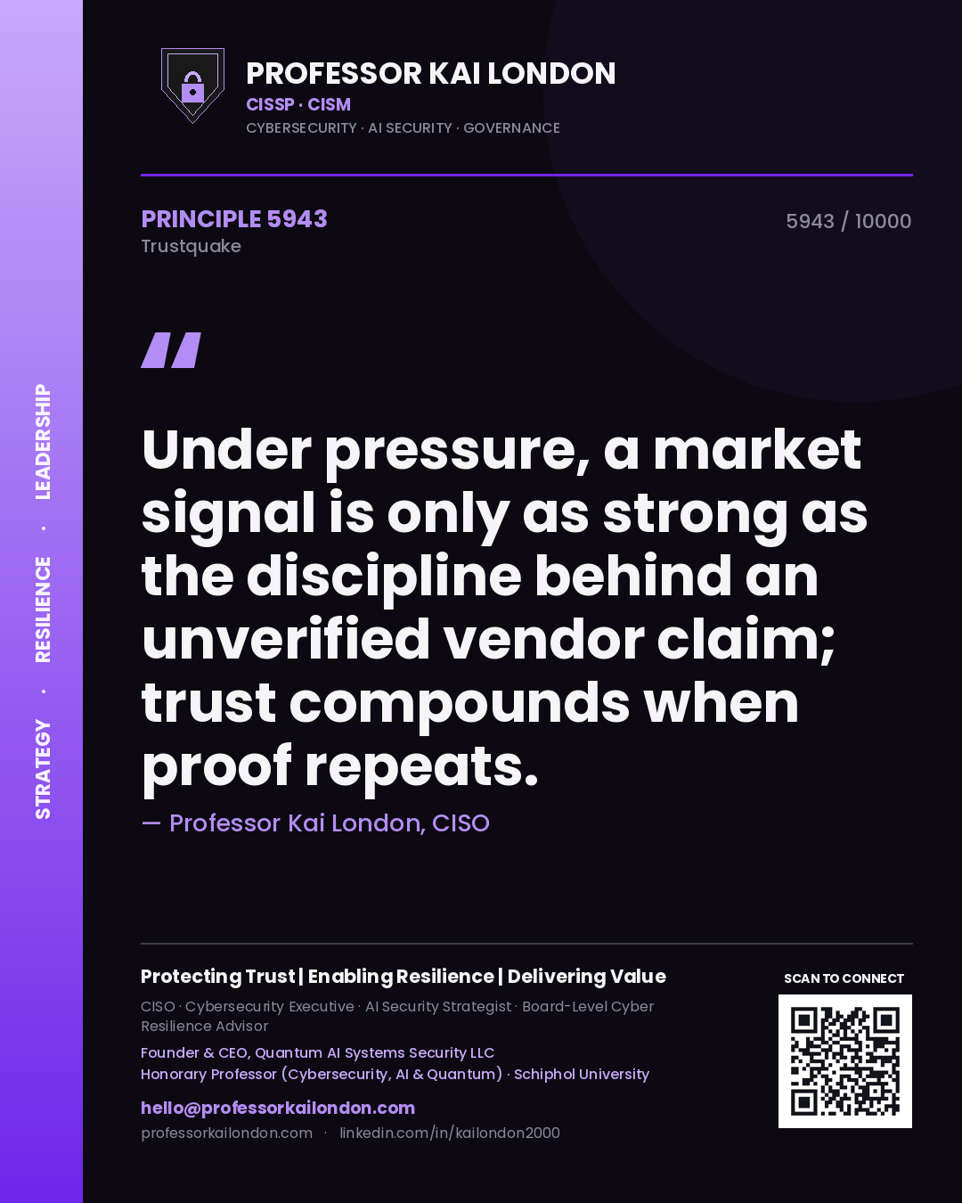 Professor Kai London principle 5943: Under pressure, a market signal is only as strong as the discipline behind an unverified vendor claim; trust compounds when proof repeats.