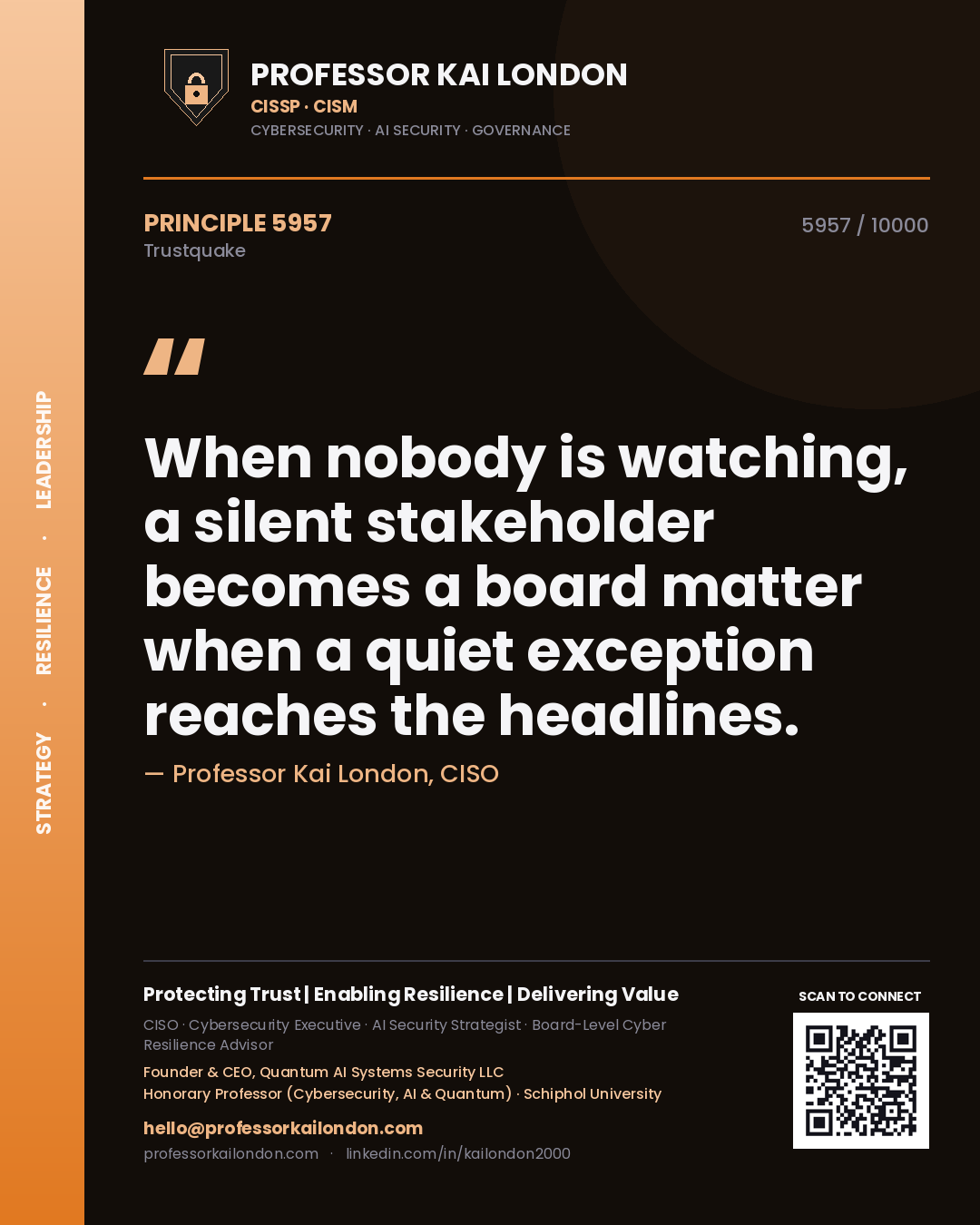 Quote card by Professor Kai London reading 'When nobody is watching, a silent stakeholder becomes a board matter when a quiet exception reaches the headlines.'. From the book Trustquake.