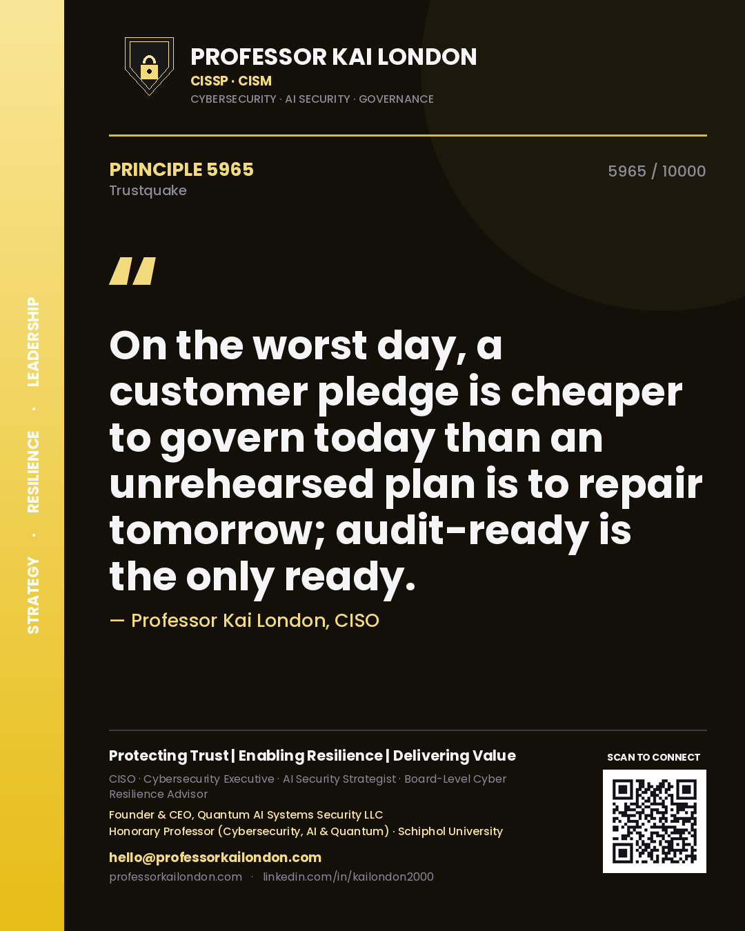 Quote card by Professor Kai London reading 'On the worst day, a customer pledge is cheaper to govern today than an unrehearsed plan is to repair tomorrow; audit-ready is the only ready.'. From the book Trustquake.