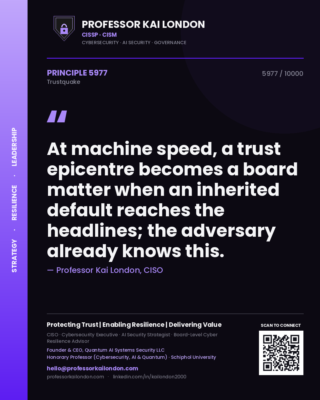 Quote card by Professor Kai London reading 'At machine speed, a trust epicentre becomes a board matter when an inherited default reaches the headlines; the adversary already knows this.'. From the book Trustquake.