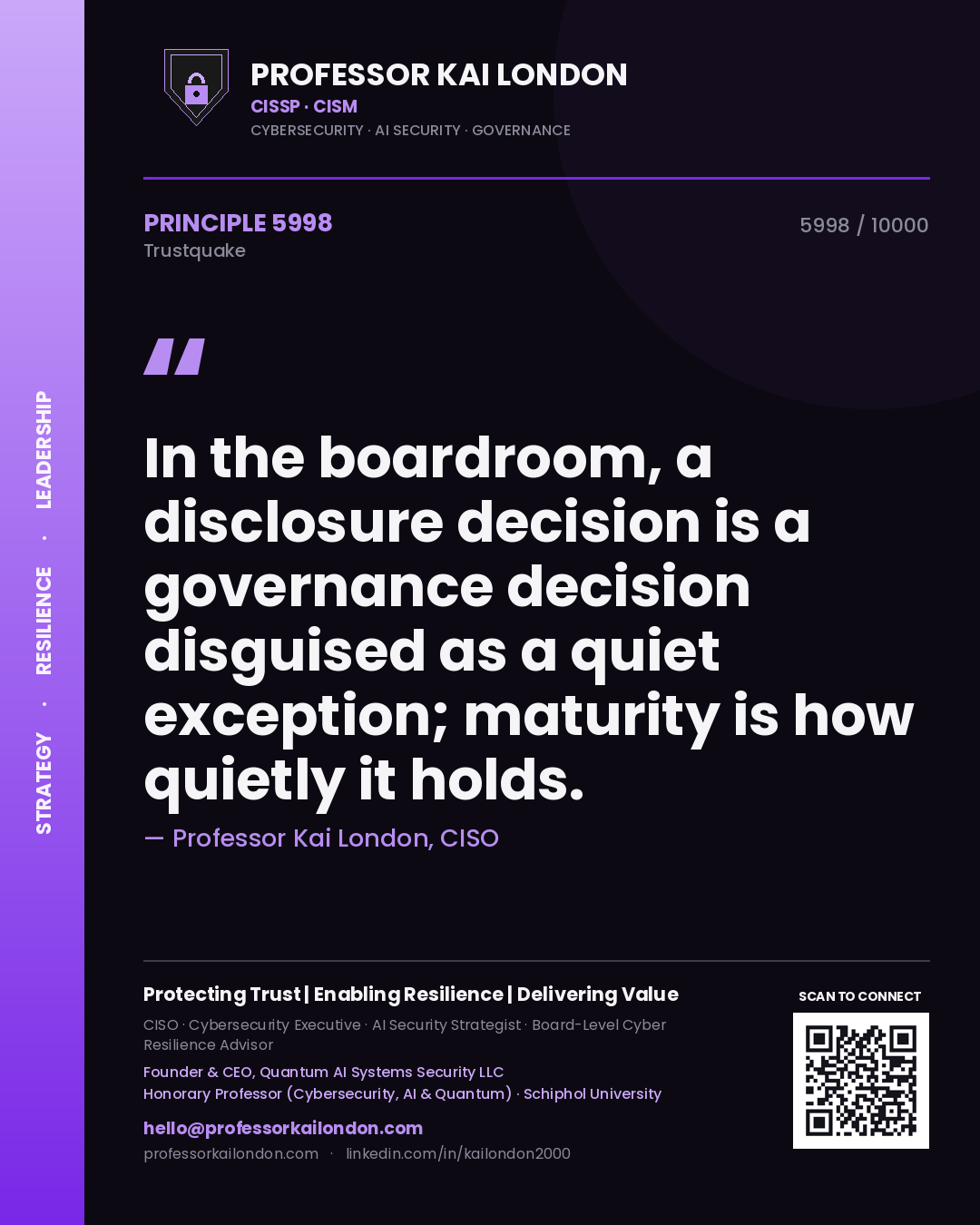 Quote card by Professor Kai London reading 'In the boardroom, a disclosure decision is a governance decision disguised as a quiet exception; maturity is how quietly it holds.'. From the book Trustquake.