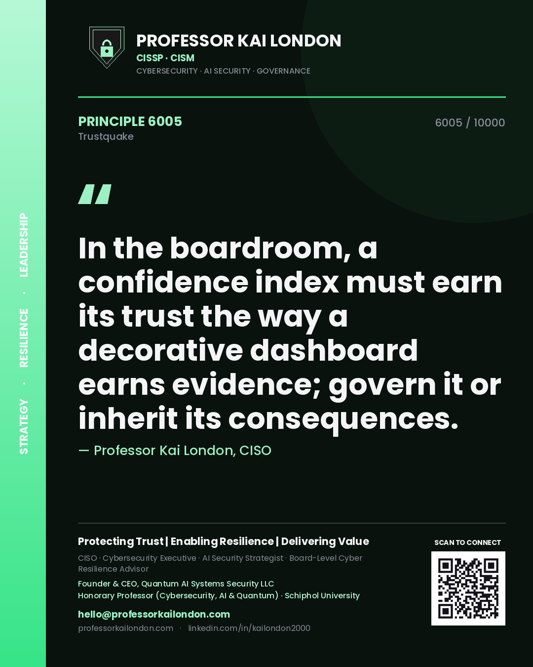 Quote card by Professor Kai London reading 'In the boardroom, a confidence index must earn its trust the way a decorative dashboard earns evidence; govern it or inherit its consequences.'. From the book Trustquake.