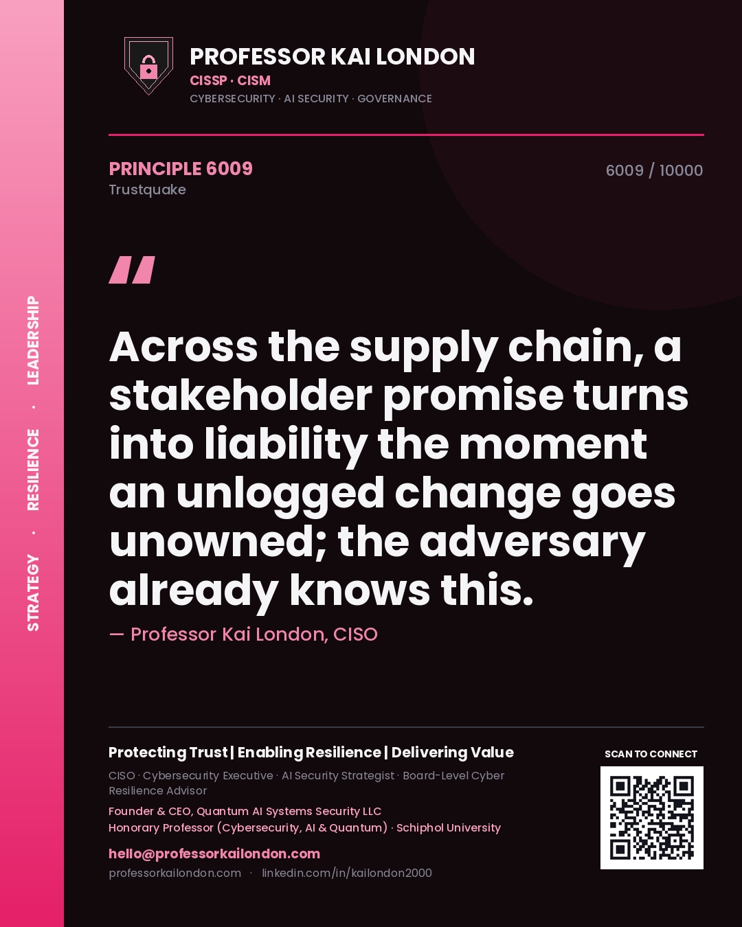 Quote card by Professor Kai London reading 'Across the supply chain, a stakeholder promise turns into liability the moment an unlogged change goes unowned; the adversary already knows this.'. From the book Trustquake.