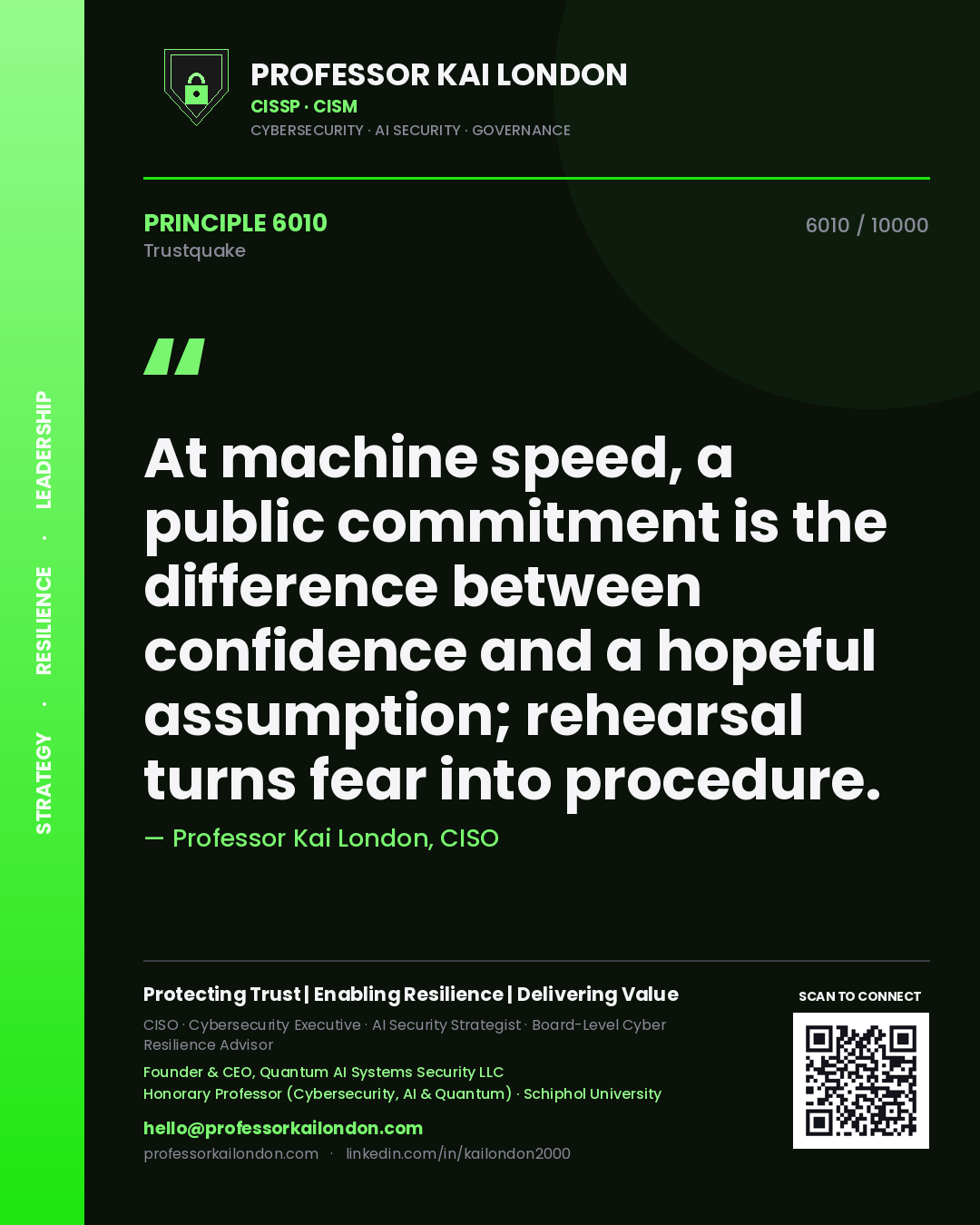 Professor Kai London principle 6010: At machine speed, a public commitment is the difference between confidence and a hopeful assumption; rehearsal turns fear into procedure.