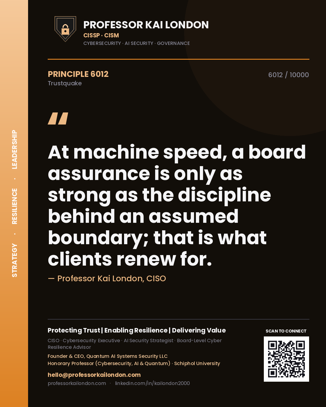 Quote card by Professor Kai London reading 'At machine speed, a board assurance is only as strong as the discipline behind an assumed boundary; that is what clients renew for.'. From the book Trustquake.