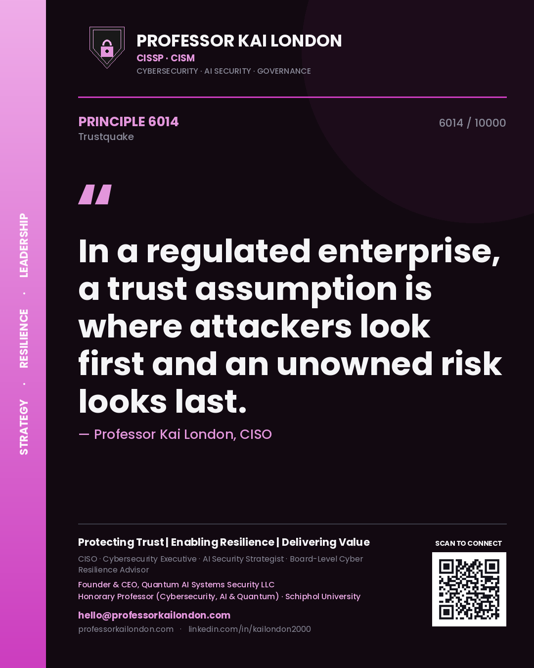 Quote card by Professor Kai London reading 'In a regulated enterprise, a trust assumption is where attackers look first and an unowned risk looks last.'. From the book Trustquake.