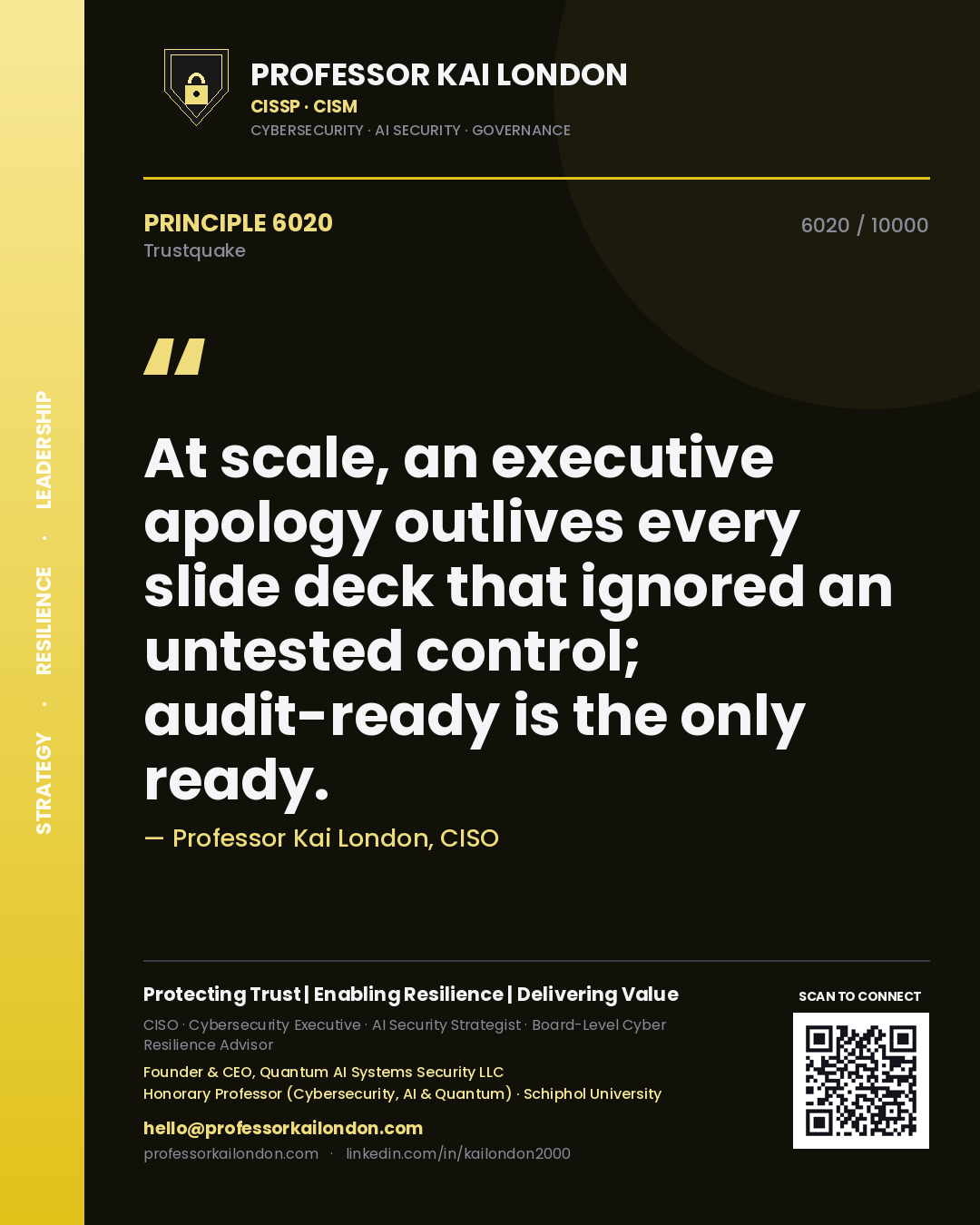 Quote card by Professor Kai London reading 'At scale, an executive apology outlives every slide deck that ignored an untested control; audit-ready is the only ready.'. From the book Trustquake.