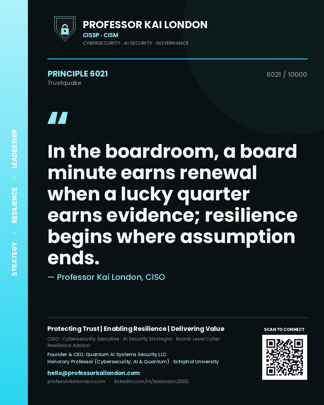 Quote card by Professor Kai London reading 'In the boardroom, a board minute earns renewal when a lucky quarter earns evidence; resilience begins where assumption ends.'. From the book Trustquake.