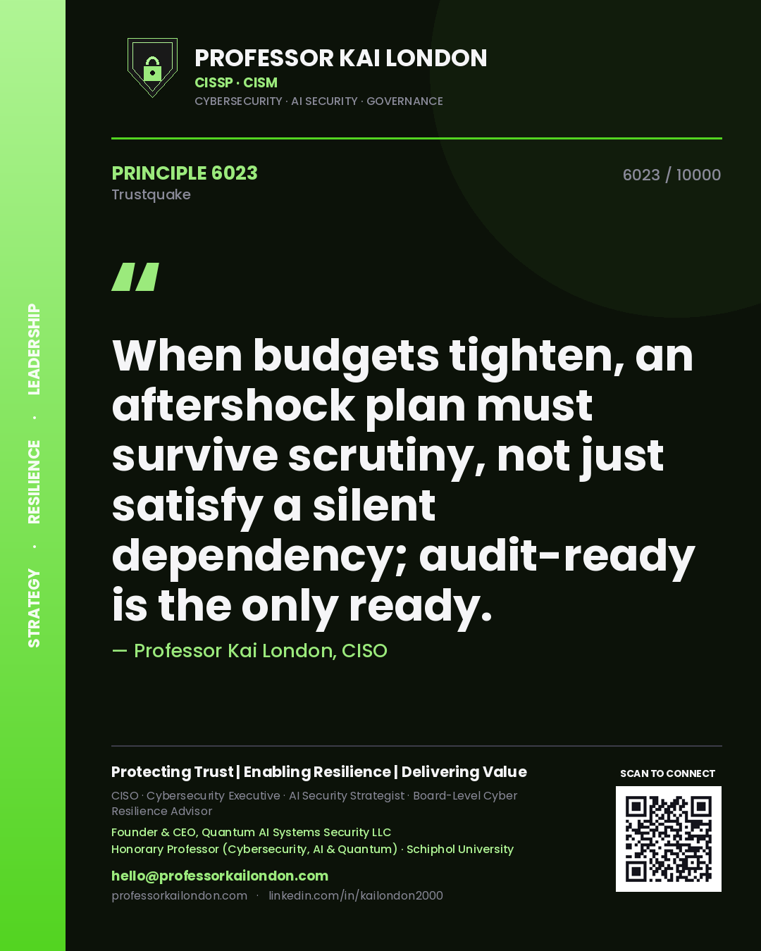 Quote card by Professor Kai London reading 'When budgets tighten, an aftershock plan must survive scrutiny, not just satisfy a silent dependency; audit-ready is the only ready.'. From the book Trustquake.