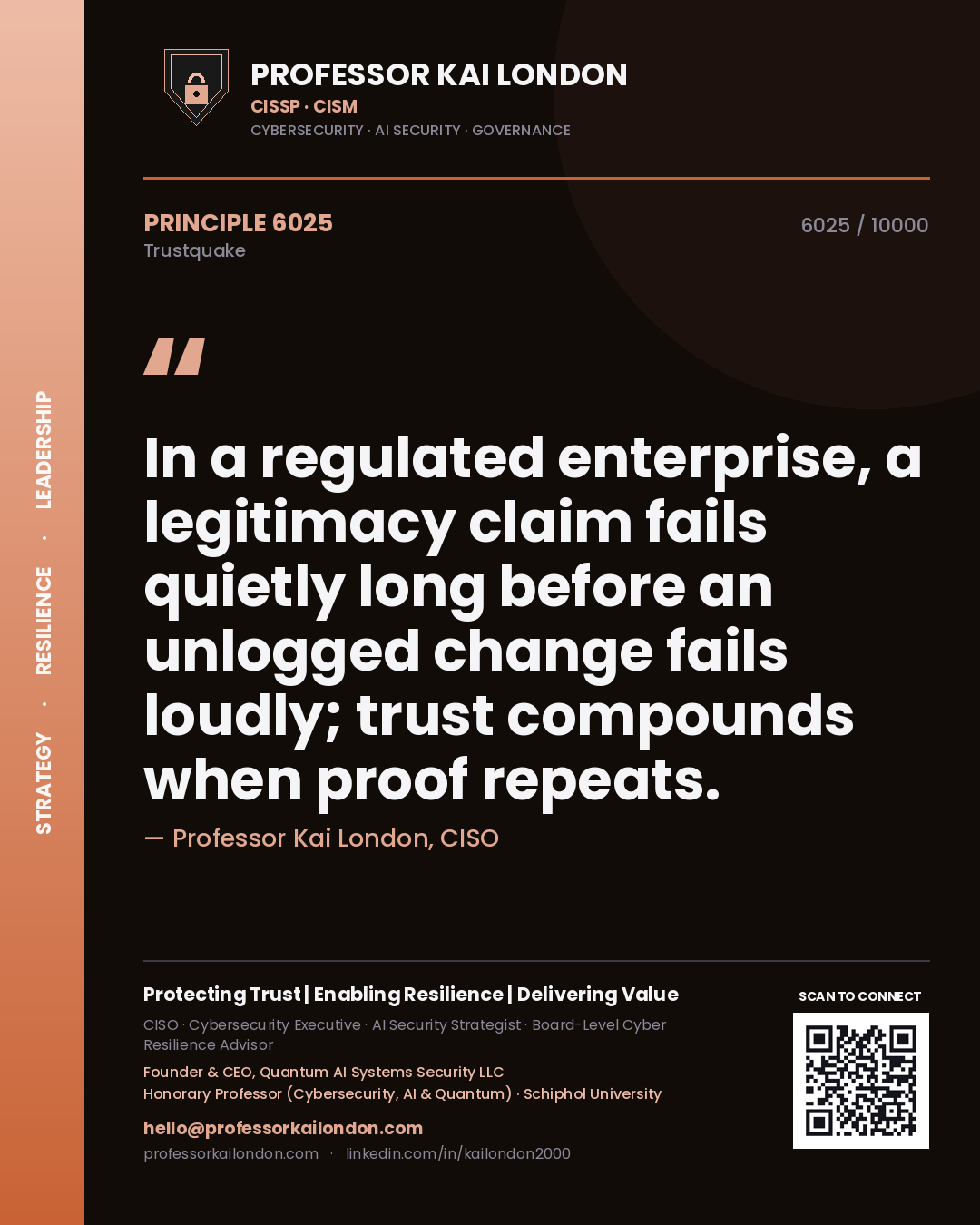 Quote card by Professor Kai London reading 'In a regulated enterprise, a legitimacy claim fails quietly long before an unlogged change fails loudly; trust compounds when proof repeats.'. From the book Trustquake.