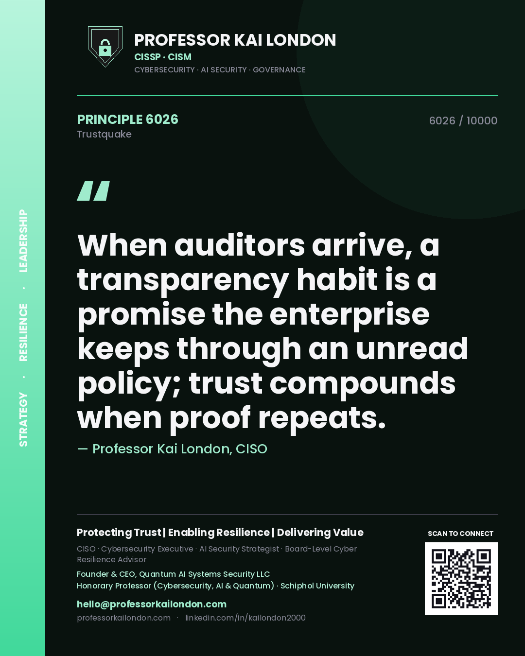 Quote card by Professor Kai London reading 'When auditors arrive, a transparency habit is a promise the enterprise keeps through an unread policy; trust compounds when proof repeats.'. From the book Trustquake.