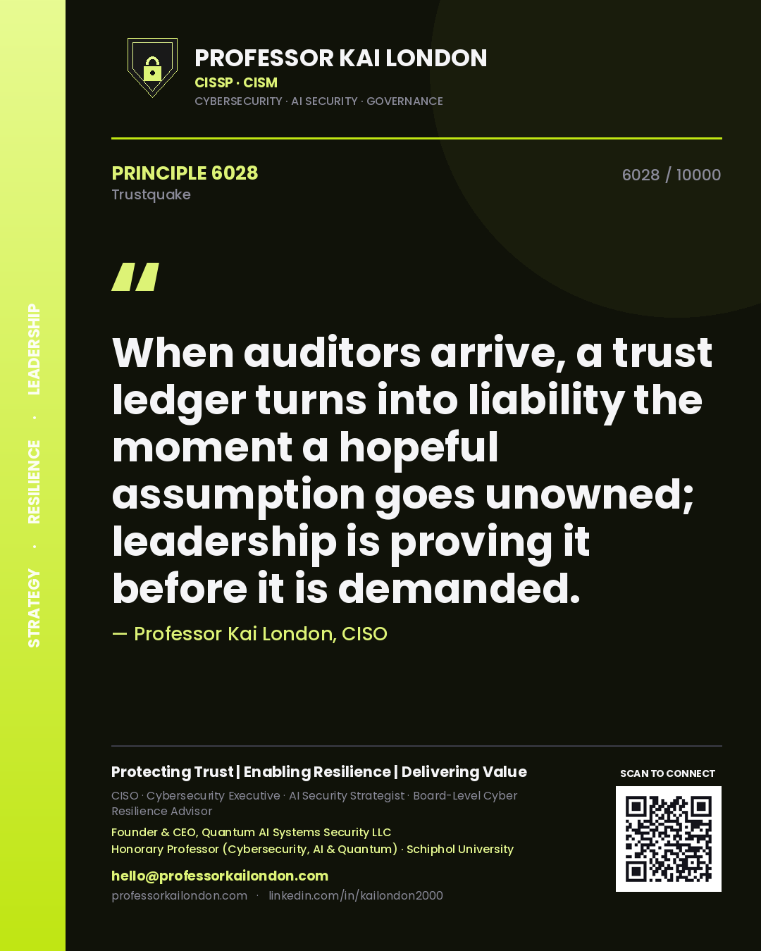 Quote card by Professor Kai London reading 'When auditors arrive, a trust ledger turns into liability the moment a hopeful assumption goes unowned; leadership is proving it before it is demanded.'. From the book Trustquake.