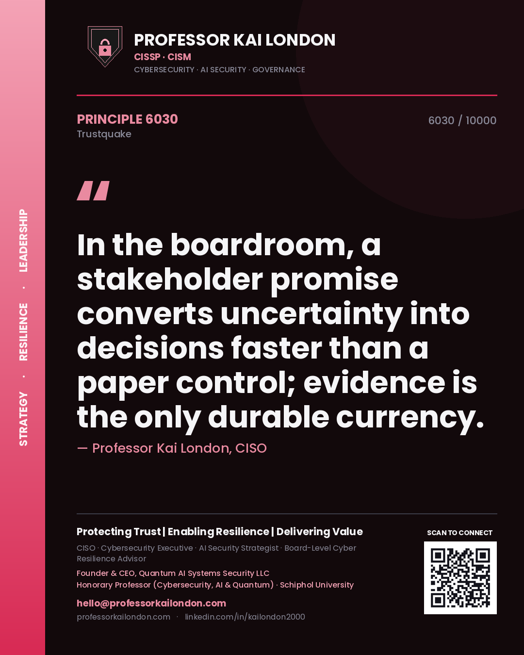 Professor Kai London principle 6030: In the boardroom, a stakeholder promise converts uncertainty into decisions faster than a paper control; evidence is the only durable currency.