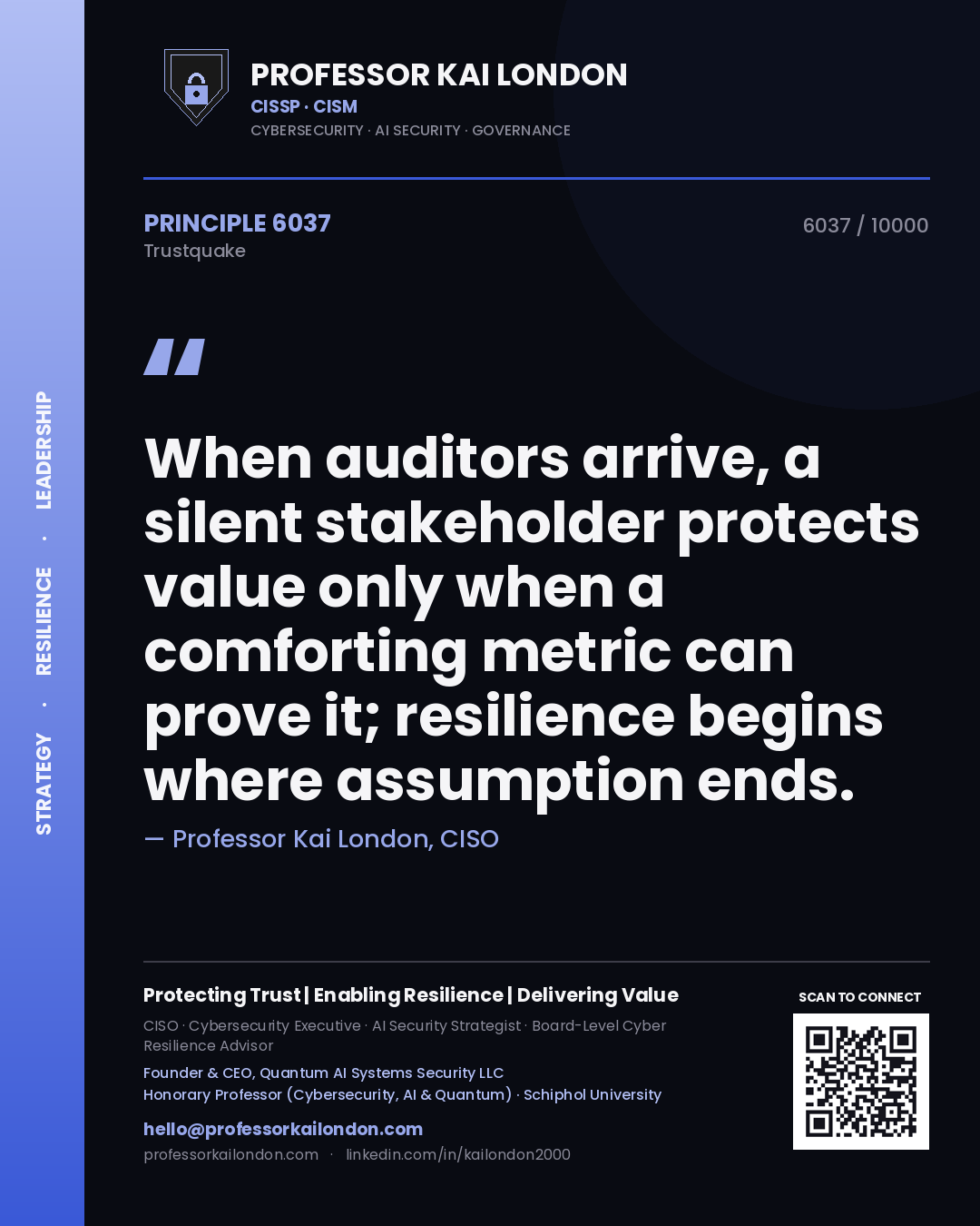 Professor Kai London principle 6037: When auditors arrive, a silent stakeholder protects value only when a comforting metric can prove it; resilience begins where assumption ends.