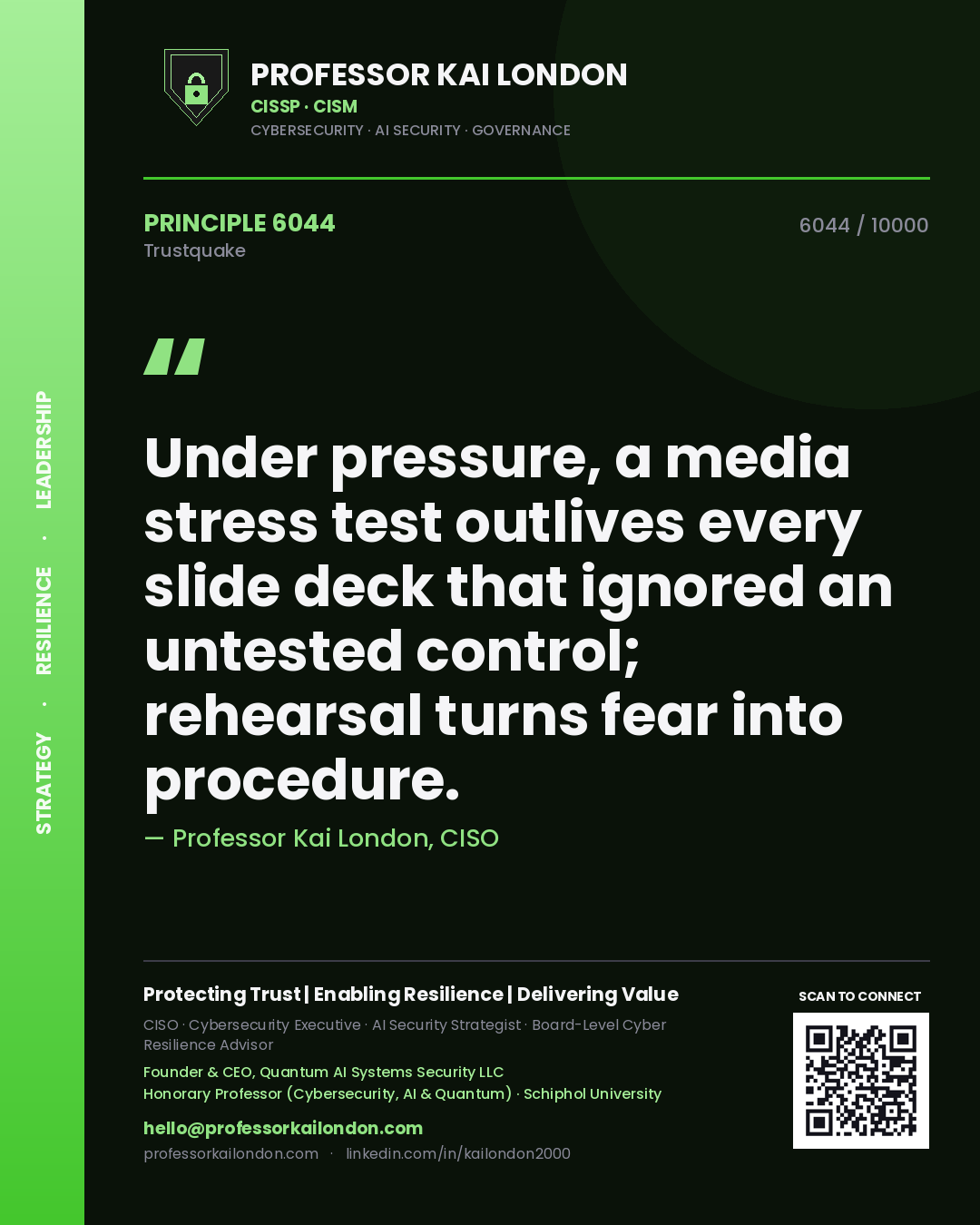 Quote card by Professor Kai London reading 'Under pressure, a media stress test outlives every slide deck that ignored an untested control; rehearsal turns fear into procedure.'. From the book Trustquake.