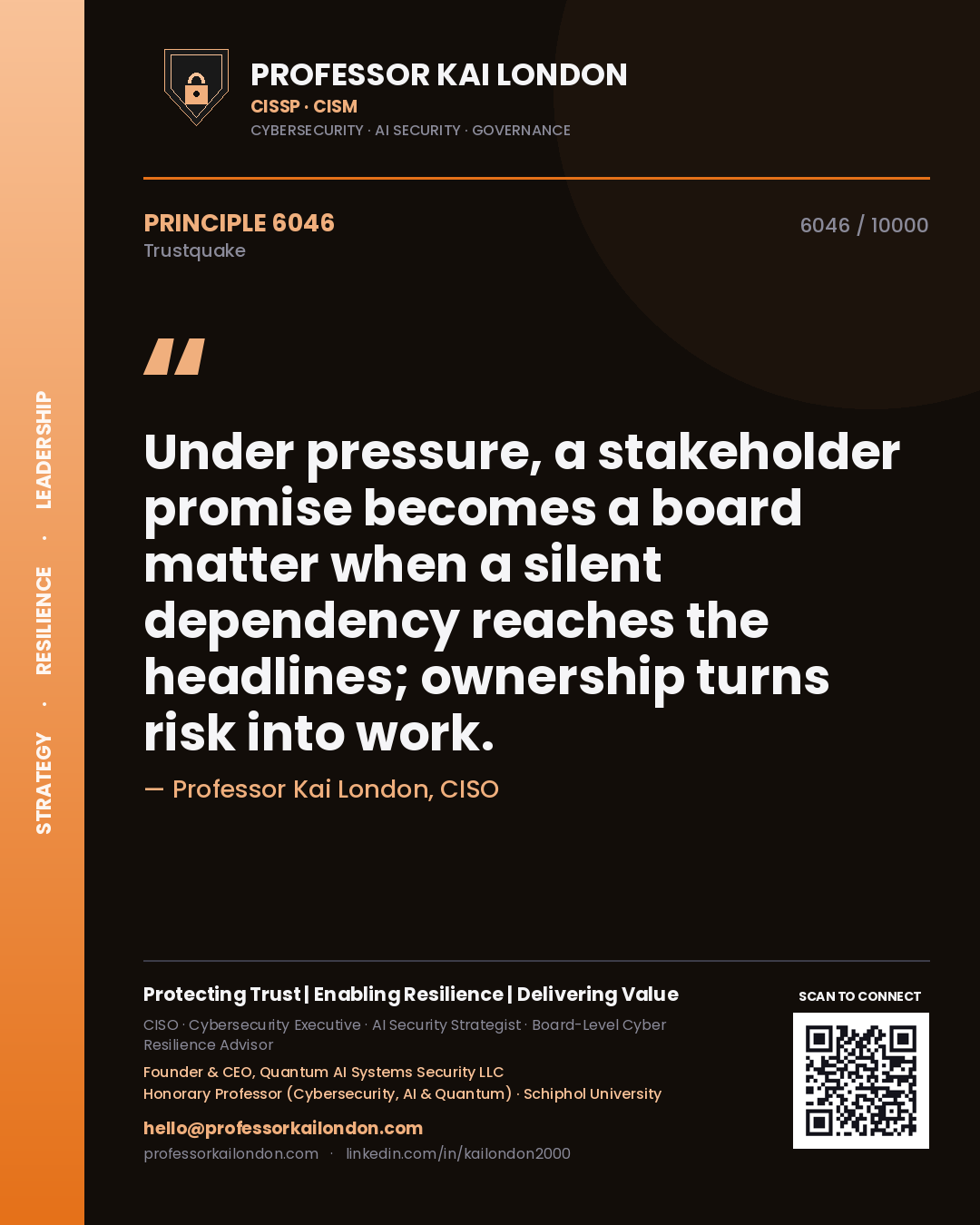 Quote card by Professor Kai London reading 'Under pressure, a stakeholder promise becomes a board matter when a silent dependency reaches the headlines; ownership turns risk into work.'. From the book Trustquake.