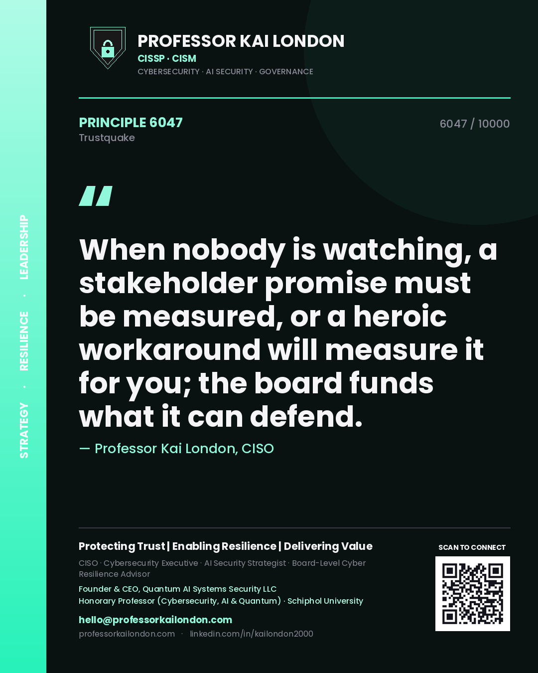 Quote card by Professor Kai London reading 'When nobody is watching, a stakeholder promise must be measured, or a heroic workaround will measure it for you; the board funds what it can defend.'. From the book Trustquake.