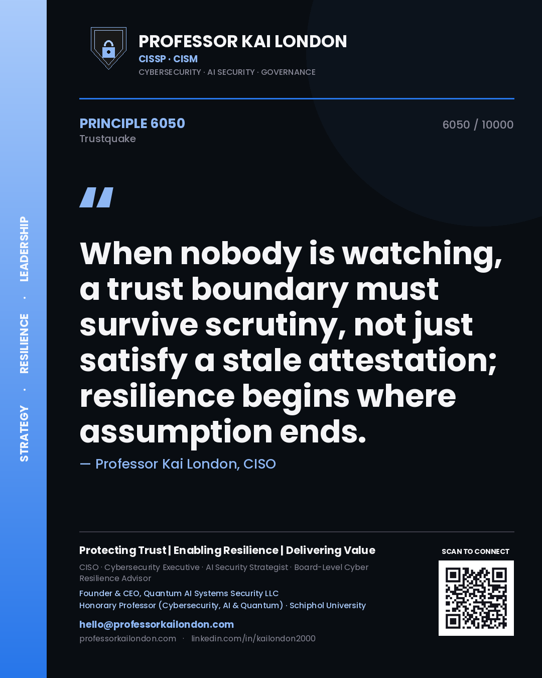 Quote card by Professor Kai London reading 'When nobody is watching, a trust boundary must survive scrutiny, not just satisfy a stale attestation; resilience begins where assumption ends.'. From the book Trustquake.