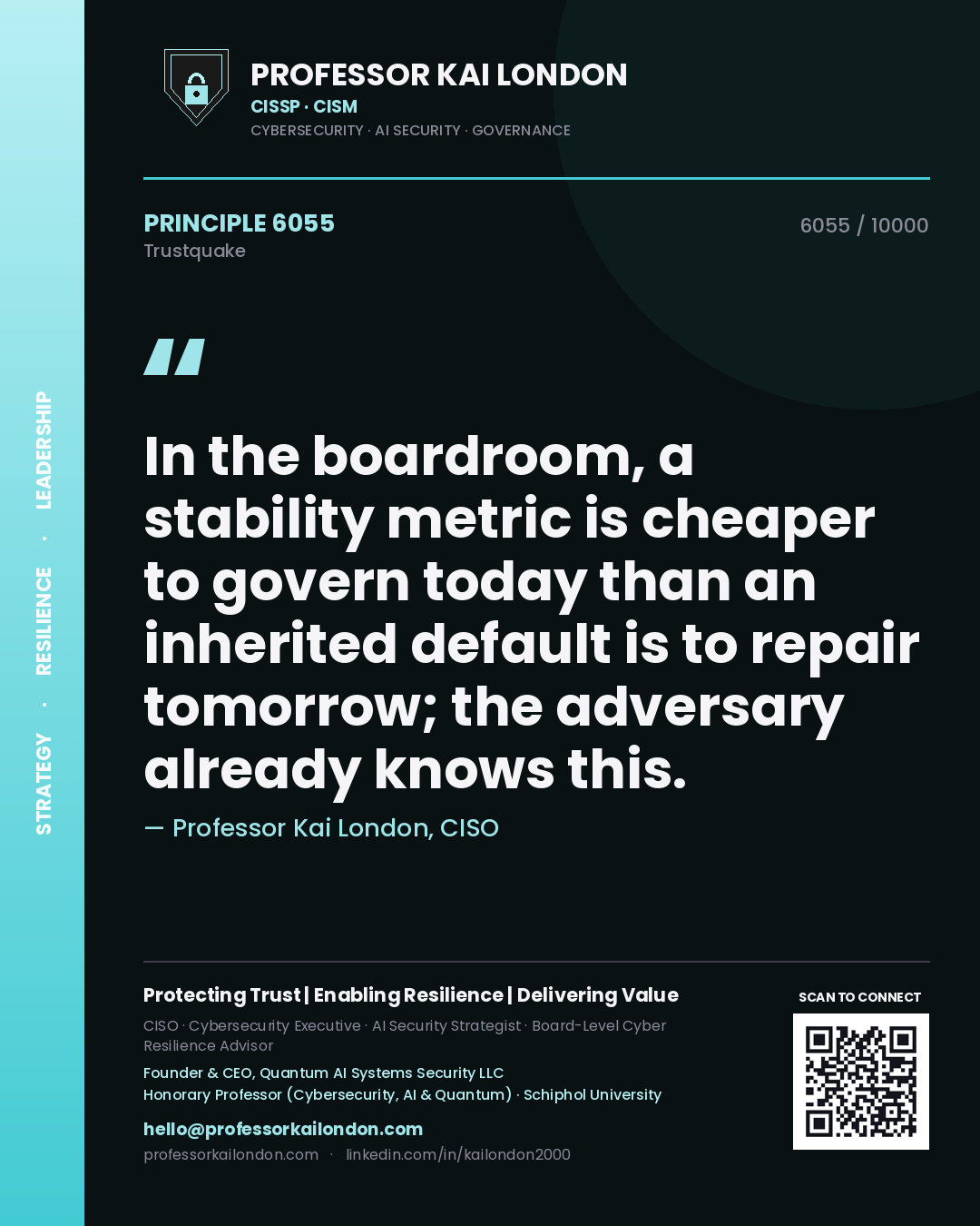 Quote card by Professor Kai London reading 'In the boardroom, a stability metric is cheaper to govern today than an inherited default is to repair tomorrow; the adversary already knows this.'. From the book Trustquake.