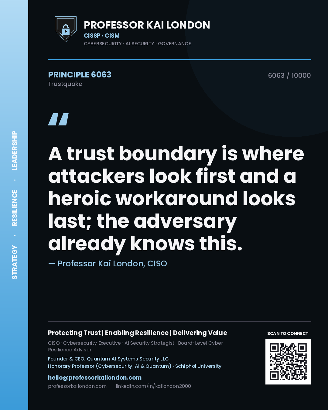 Quote card by Professor Kai London reading 'A trust boundary is where attackers look first and a heroic workaround looks last; the adversary already knows this.'. From the book Trustquake.