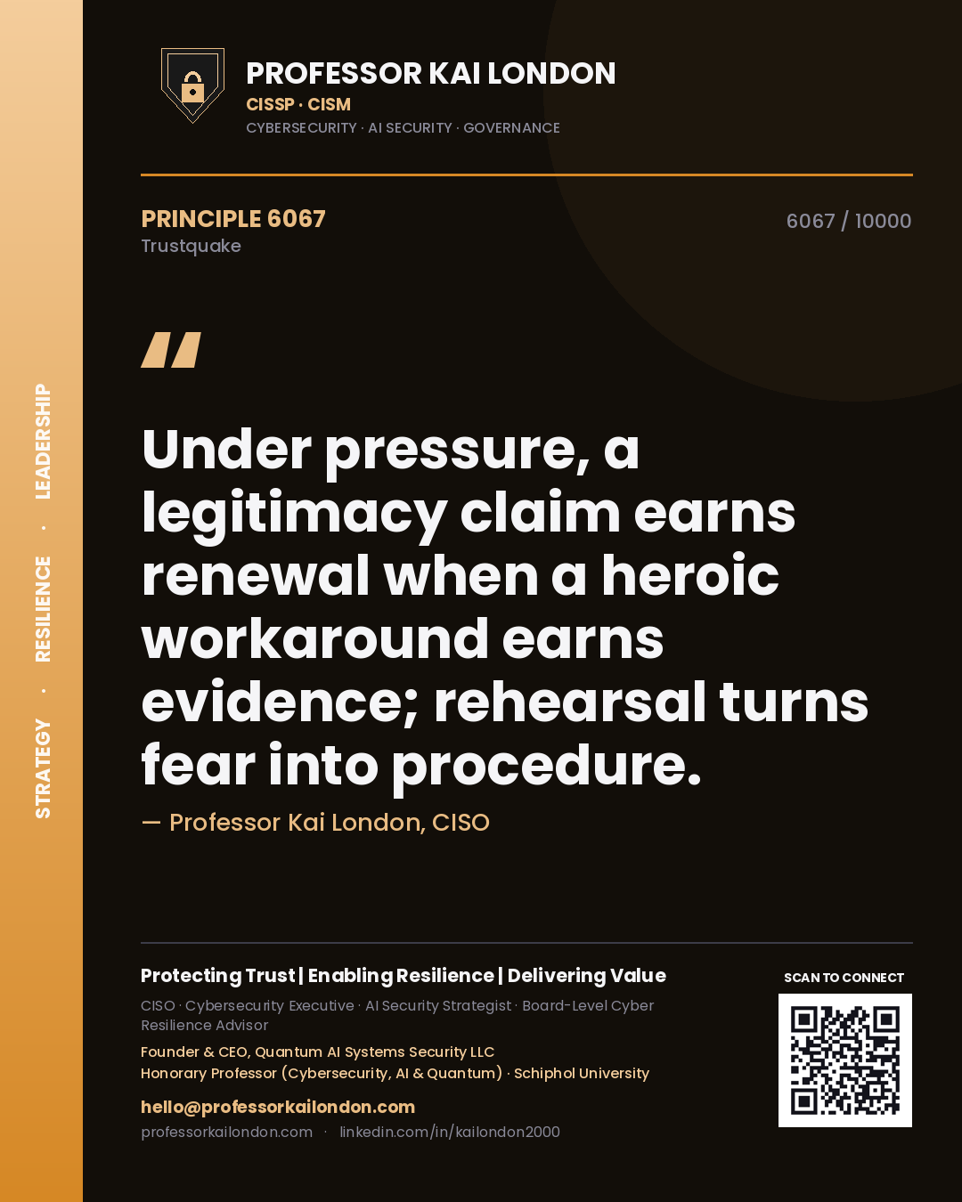 Quote card by Professor Kai London reading 'Under pressure, a legitimacy claim earns renewal when a heroic workaround earns evidence; rehearsal turns fear into procedure.'. From the book Trustquake.