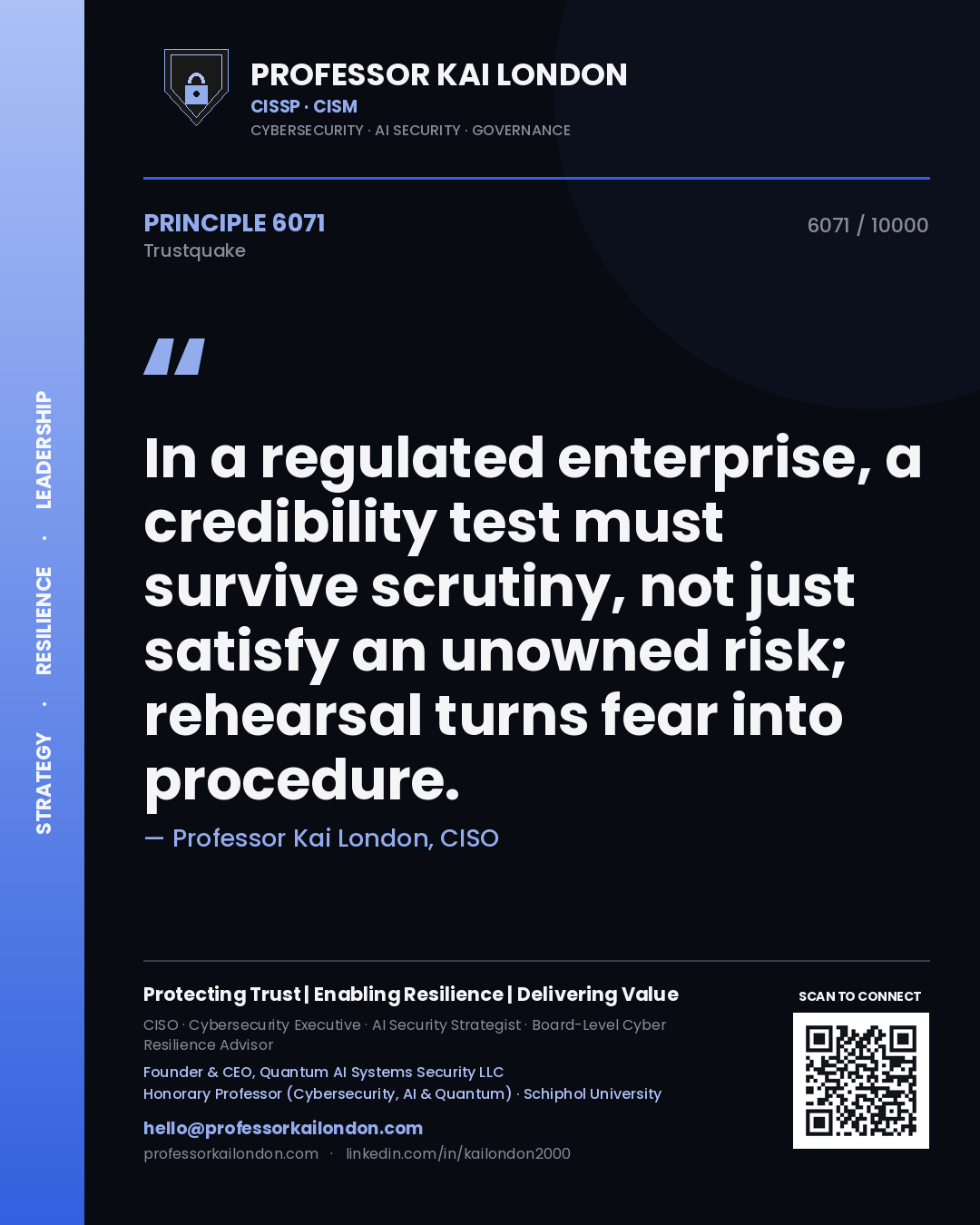 Quote card by Professor Kai London reading 'In a regulated enterprise, a credibility test must survive scrutiny, not just satisfy an unowned risk; rehearsal turns fear into procedure.'. From the book Trustquake.