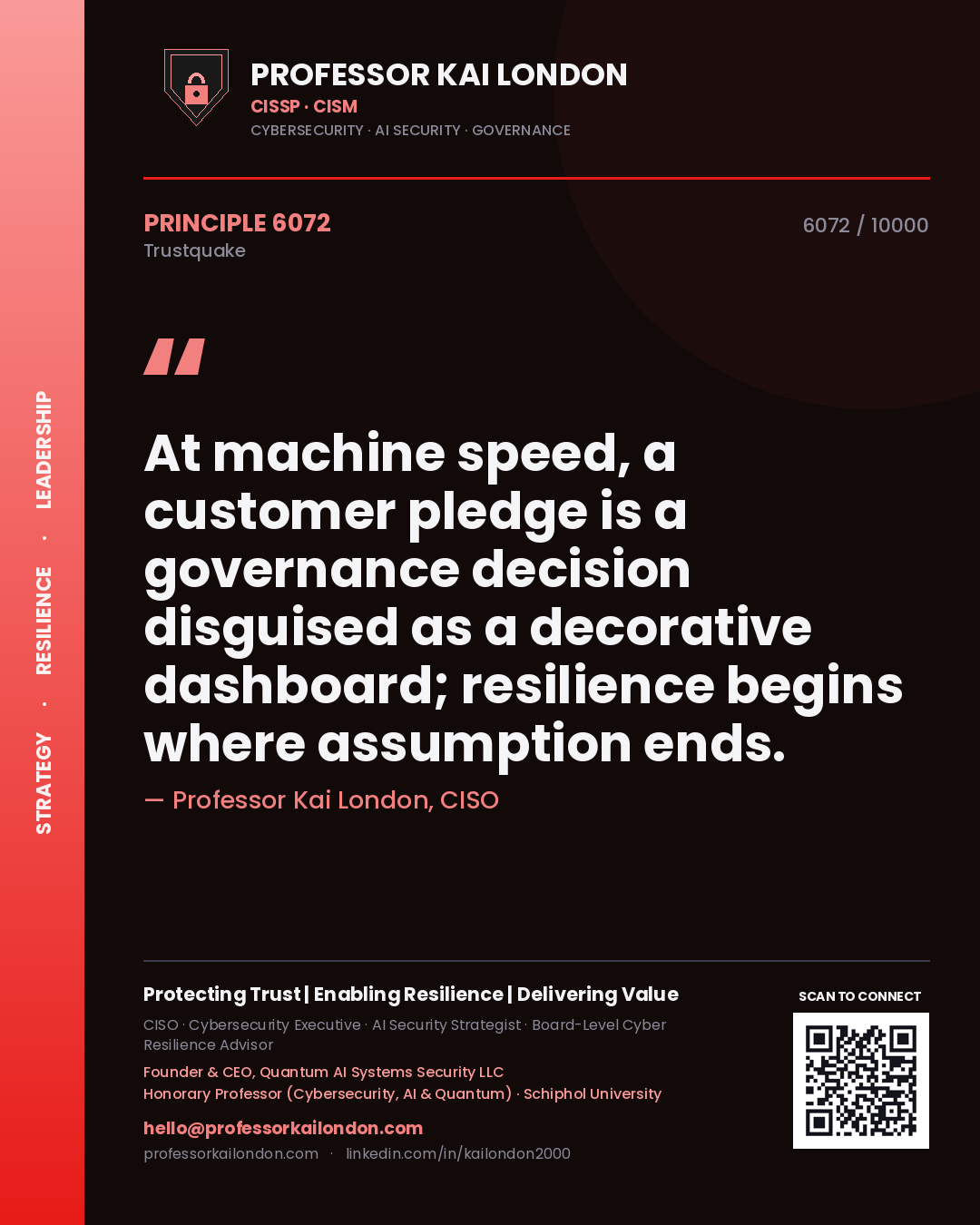 Quote card by Professor Kai London reading 'At machine speed, a customer pledge is a governance decision disguised as a decorative dashboard; resilience begins where assumption ends.'. From the book Trustquake.
