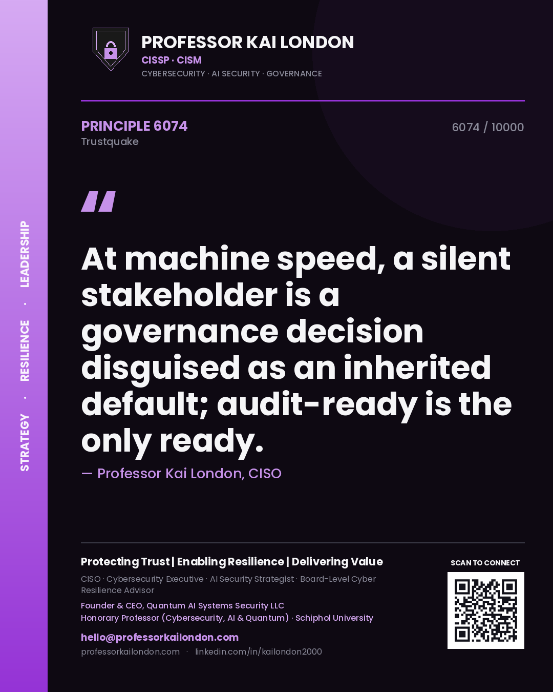Quote card by Professor Kai London reading 'At machine speed, a silent stakeholder is a governance decision disguised as an inherited default; audit-ready is the only ready.'. From the book Trustquake.