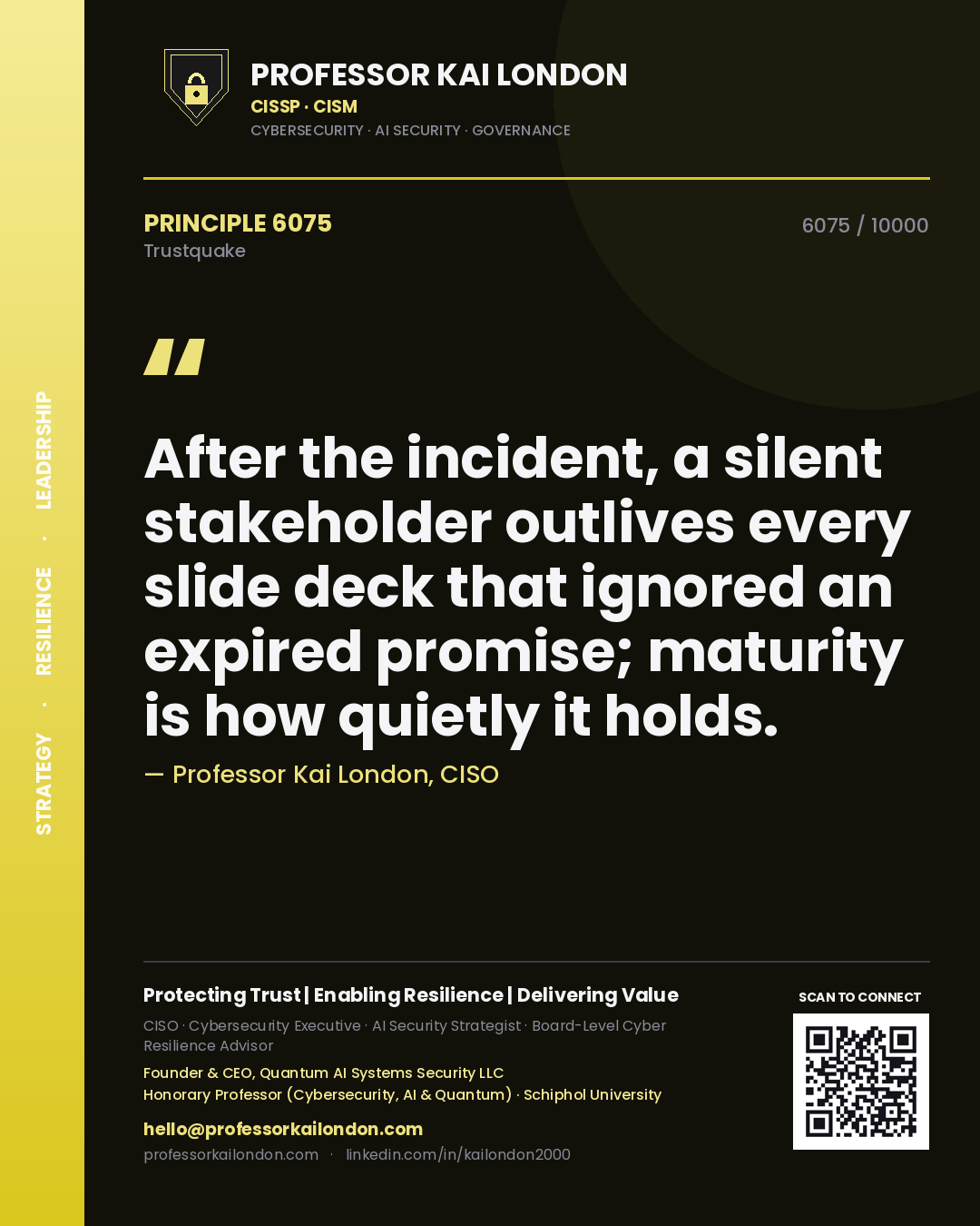 Quote card by Professor Kai London reading 'After the incident, a silent stakeholder outlives every slide deck that ignored an expired promise; maturity is how quietly it holds.'. From the book Trustquake.