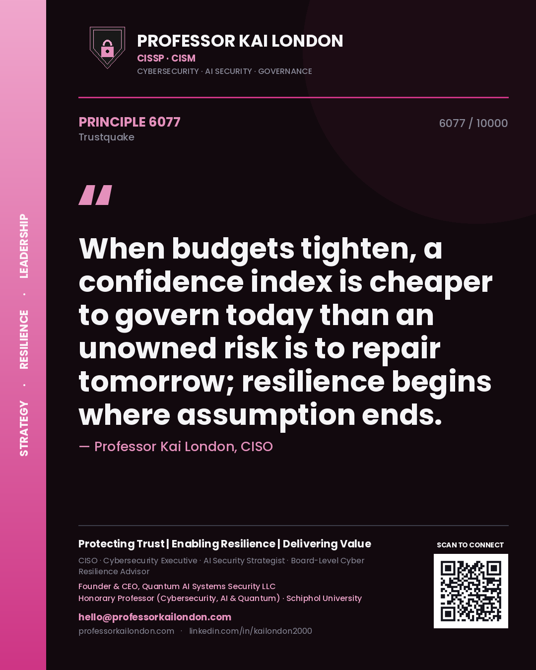 Quote card by Professor Kai London reading 'When budgets tighten, a confidence index is cheaper to govern today than an unowned risk is to repair tomorrow; resilience begins where assumption ends.'. From the book Trustquake.