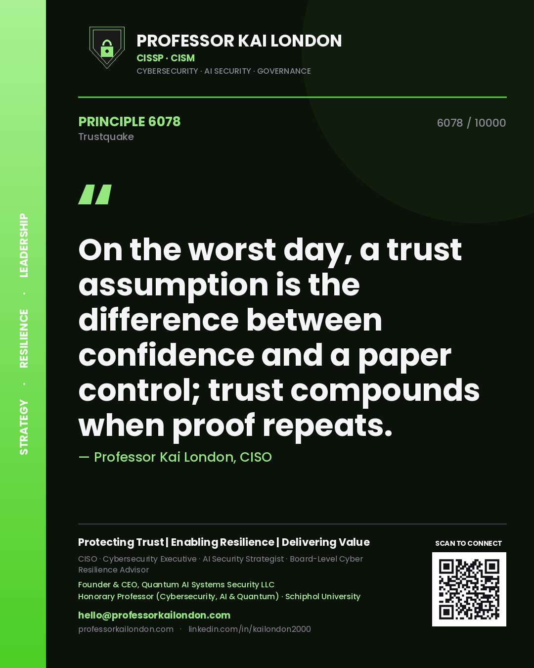Professor Kai London principle 6078: On the worst day, a trust assumption is the difference between confidence and a paper control; trust compounds when proof repeats.
