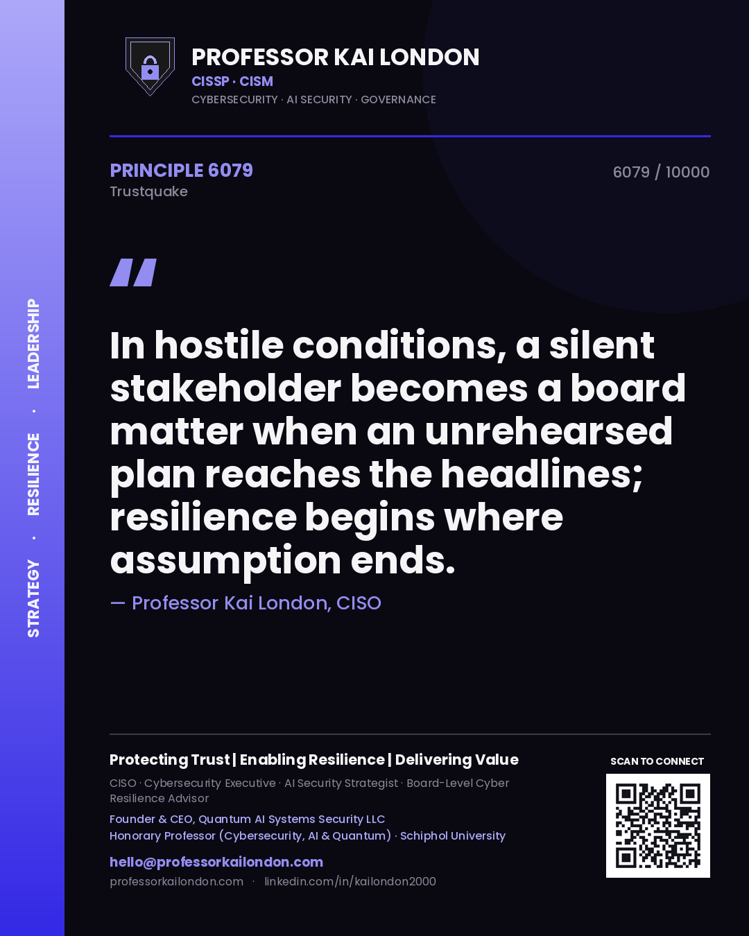 Quote card by Professor Kai London reading 'In hostile conditions, a silent stakeholder becomes a board matter when an unrehearsed plan reaches the headlines; resilience begins where assumption ends.'. From the book Trustquake.