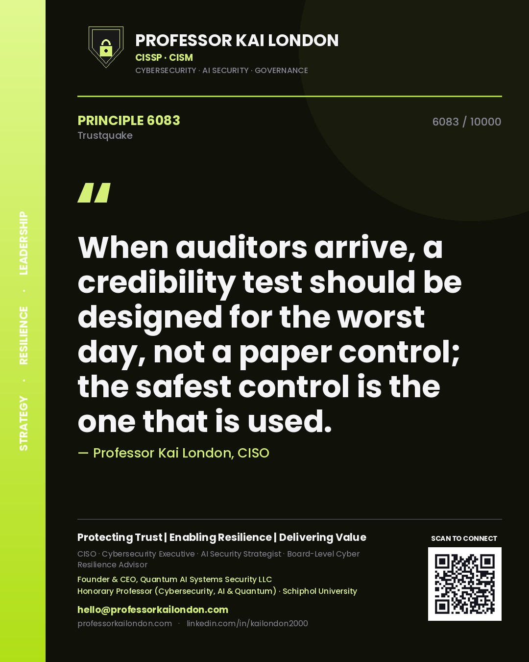 Professor Kai London principle 6083: When auditors arrive, a credibility test should be designed for the worst day, not a paper control; the safest control is the one that is used.