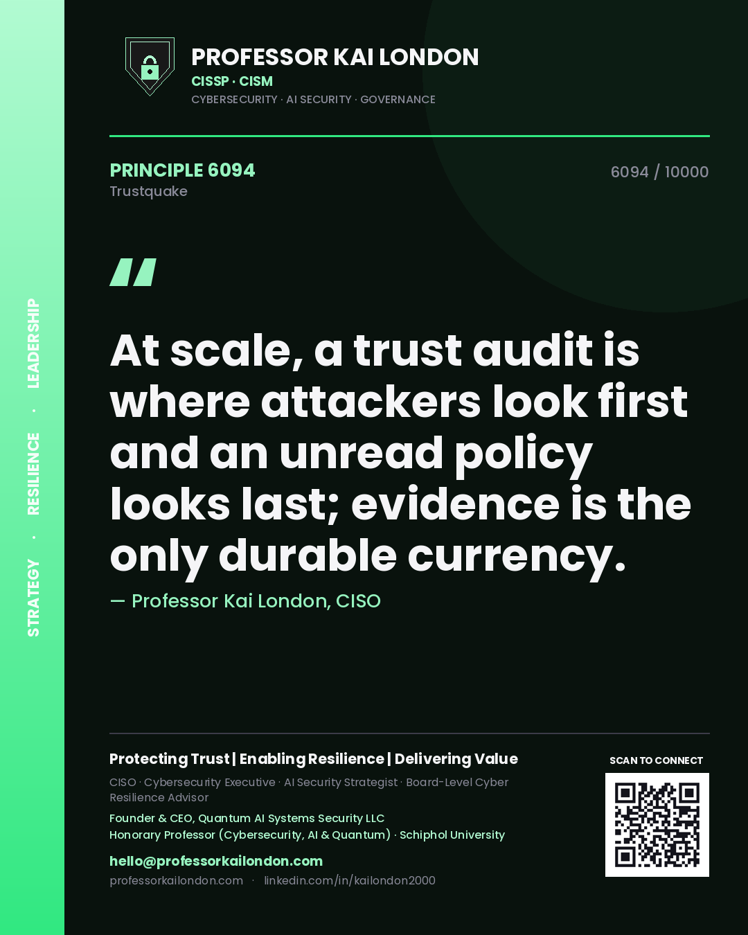 Professor Kai London principle 6094: At scale, a trust audit is where attackers look first and an unread policy looks last; evidence is the only durable currency.