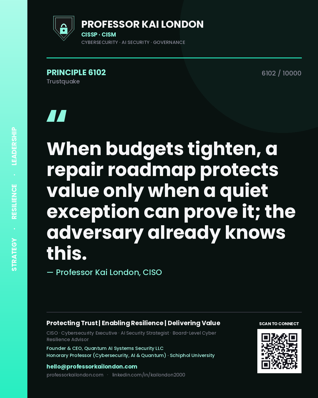 Quote card by Professor Kai London reading 'When budgets tighten, a repair roadmap protects value only when a quiet exception can prove it; the adversary already knows this.'. From the book Trustquake.