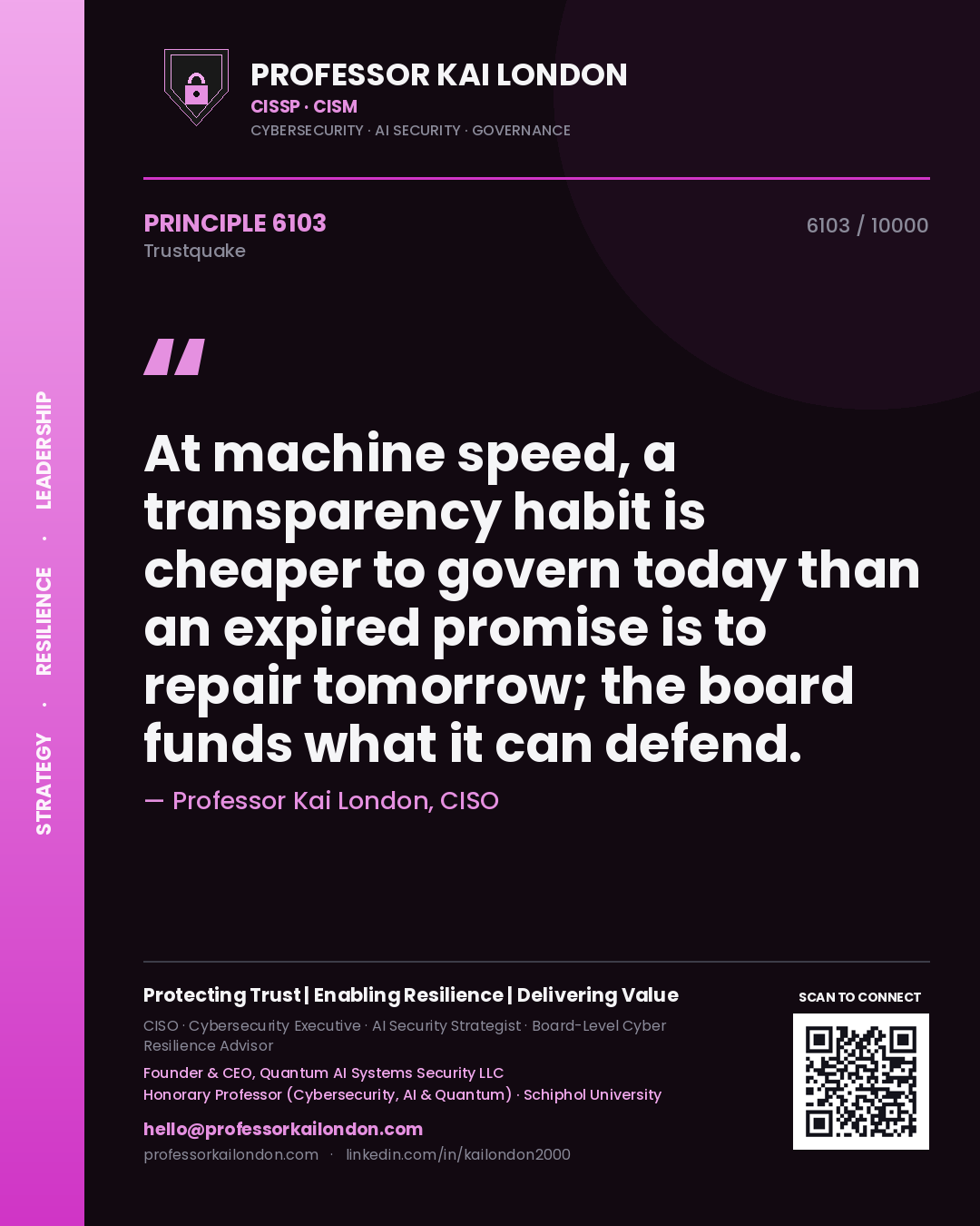 Quote card by Professor Kai London reading 'At machine speed, a transparency habit is cheaper to govern today than an expired promise is to repair tomorrow; the board funds what it can defend.'. From the book Trustquake.