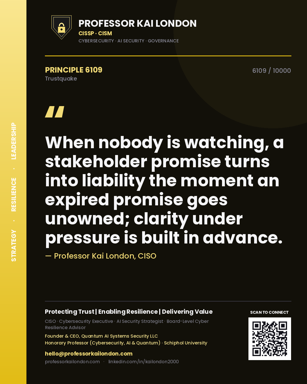 Quote card by Professor Kai London reading 'When nobody is watching, a stakeholder promise turns into liability the moment an expired promise goes unowned; clarity under pressure is built in advance.'. From the book Trustquake.
