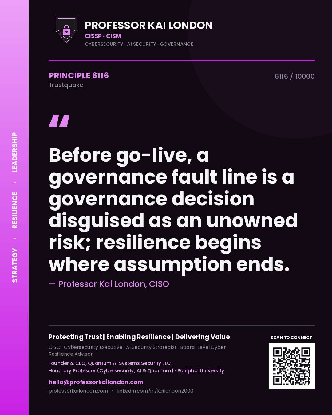 Quote card by Professor Kai London reading 'Before go-live, a governance fault line is a governance decision disguised as an unowned risk; resilience begins where assumption ends.'. From the book Trustquake.