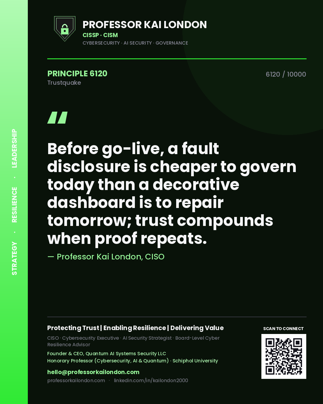Professor Kai London principle 6120: Before go-live, a fault disclosure is cheaper to govern today than a decorative dashboard is to repair tomorrow; trust compounds when proof repeats.