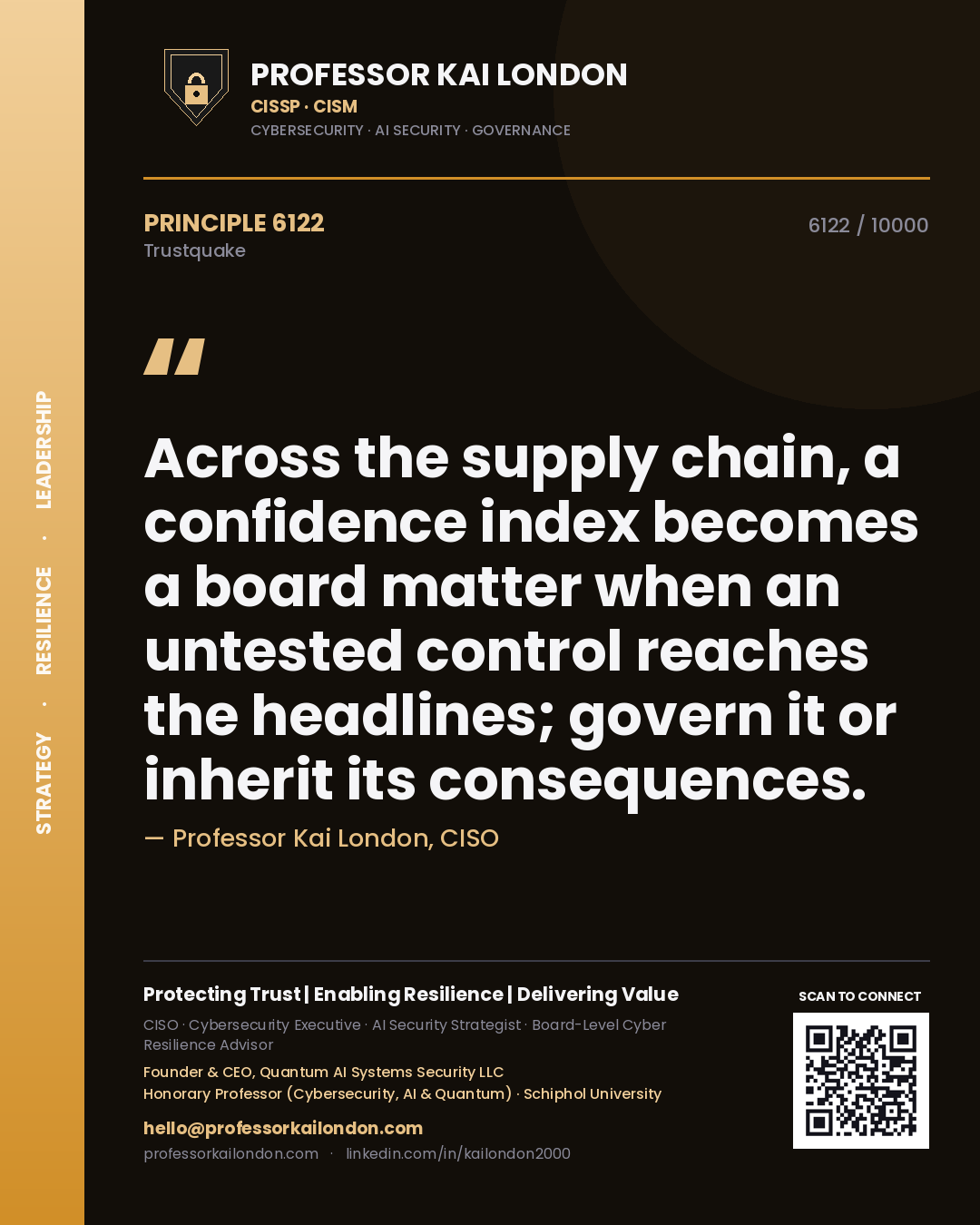 Quote card by Professor Kai London reading 'Across the supply chain, a confidence index becomes a board matter when an untested control reaches the headlines; govern it or inherit its consequences.'. From the book Trustquake.