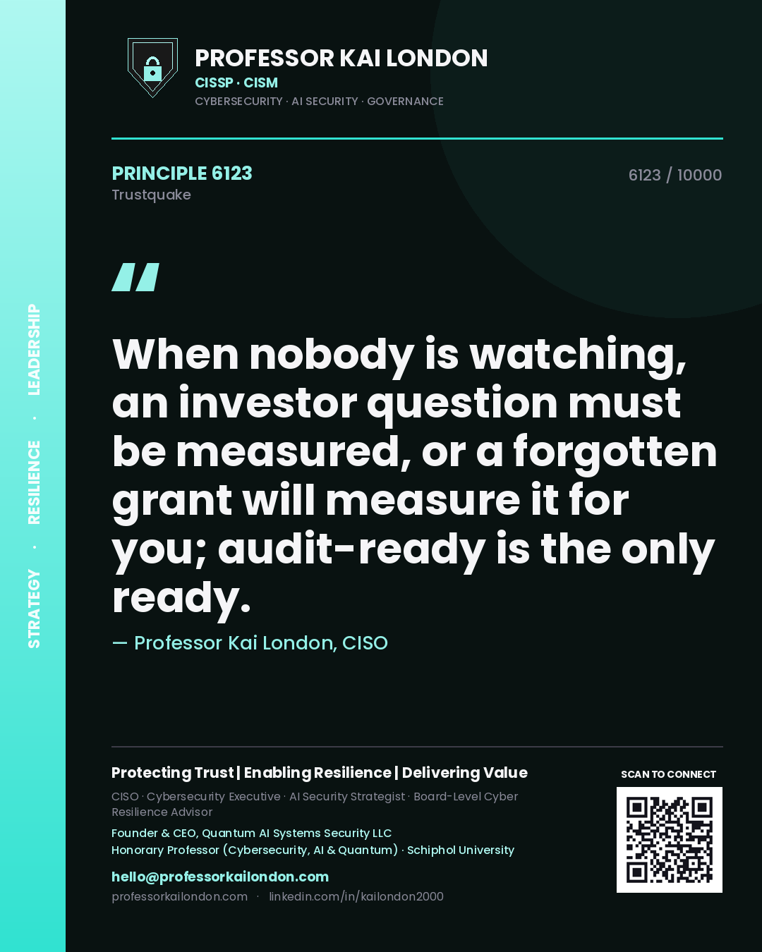 Quote card by Professor Kai London reading 'When nobody is watching, an investor question must be measured, or a forgotten grant will measure it for you; audit-ready is the only ready.'. From the book Trustquake.