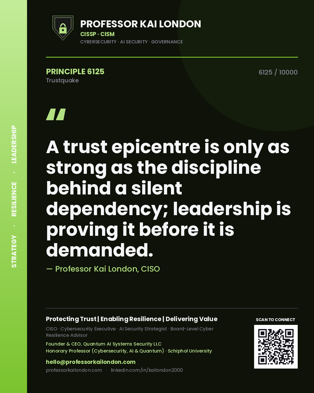 Quote card by Professor Kai London reading 'A trust epicentre is only as strong as the discipline behind a silent dependency; leadership is proving it before it is demanded.'. From the book Trustquake.